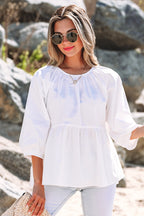 White Bow Knot Cutout Back Loose Fit 3/4 Sleeve Blouse White 100%Cotton