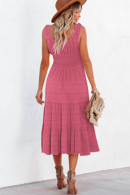 Apricot Shirred Pleated Square Neck Sleeveless Midi Dress