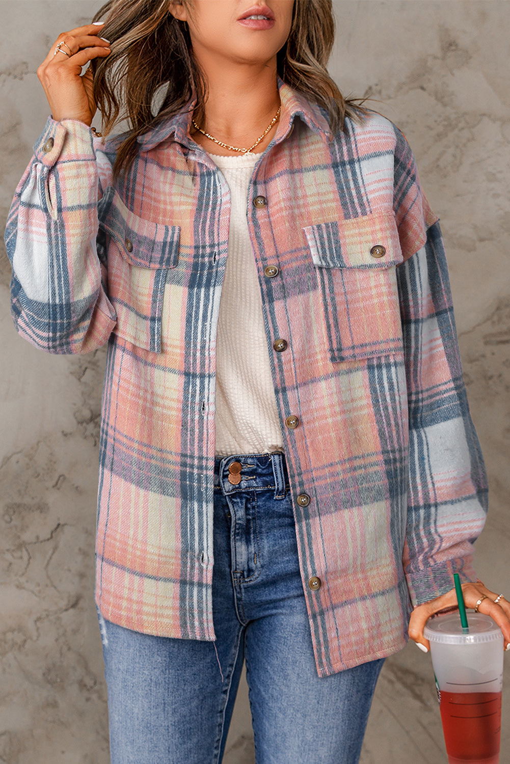 Brown Plaid Flap Pockets Shacket Pink 100%Polyester
