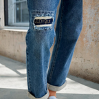 Judy Blue Mid Rise Embroidered Repair Patch Vintage Boyfriend Denim Jeans 881071