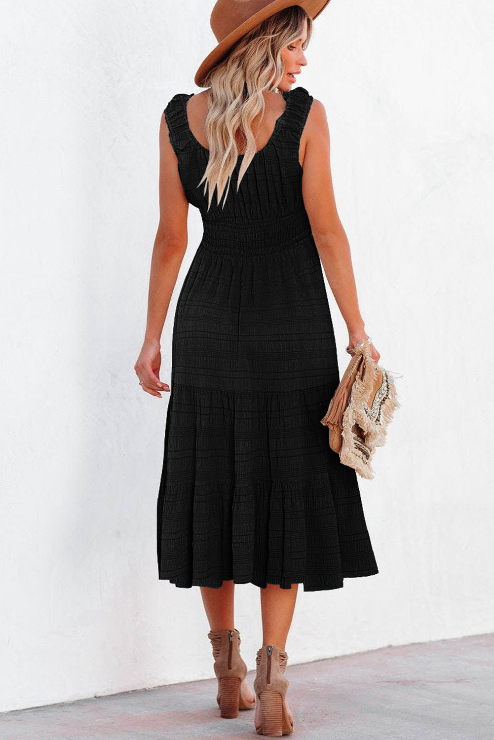 Apricot Shirred Pleated Square Neck Sleeveless Midi Dress
