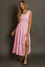 Apricot Shirred Pleated Square Neck Sleeveless Midi Dress