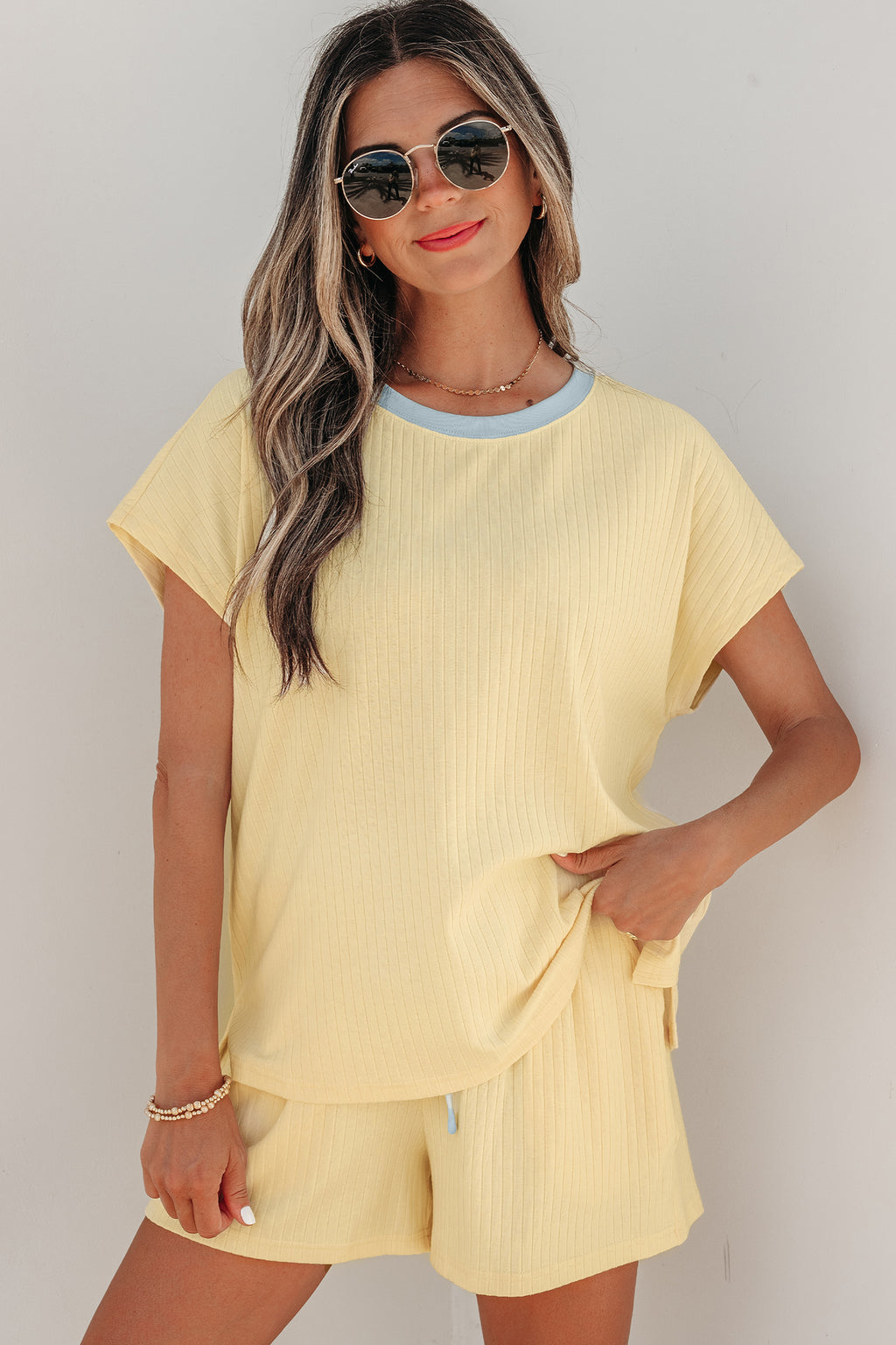 Yellow Cream Soft Ribbed Color Block Trim Casual Short Set Yellow Cream 60%Polyester+35%Cotton+5%Elastane