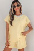 Yellow Cream Soft Ribbed Color Block Trim Casual Short Set Yellow Cream 60%Polyester+35%Cotton+5%Elastane