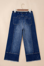Gray Drawstring Seam Detail Raw Hem Wide Leg Jeans