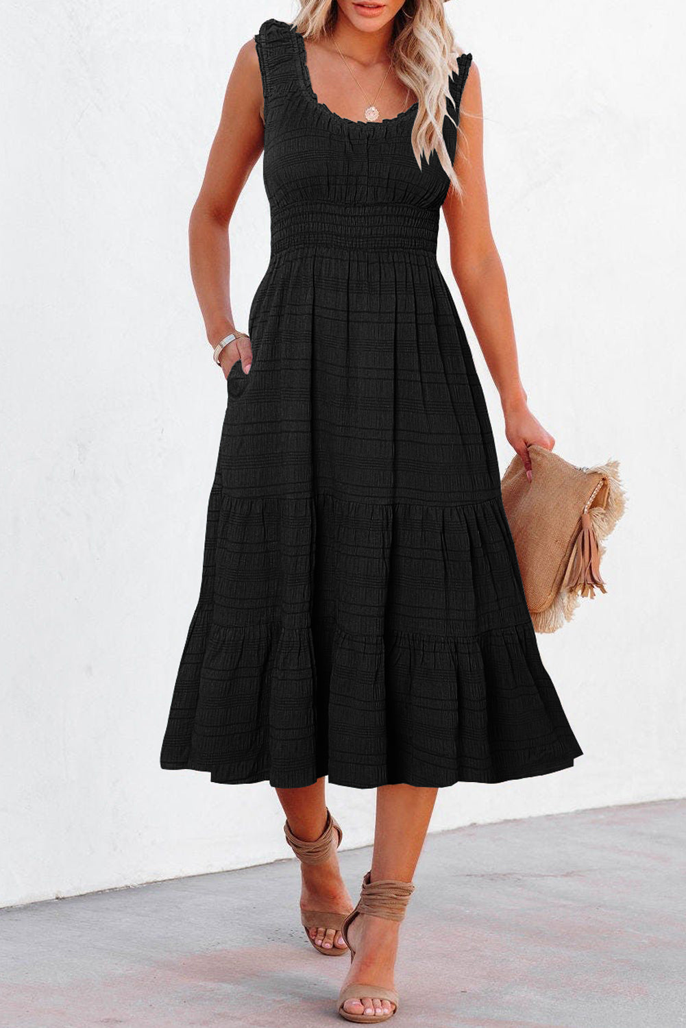 Apricot Shirred Pleated Square Neck Sleeveless Midi Dress