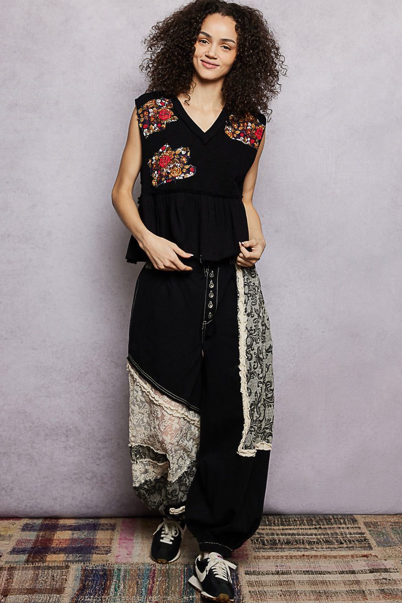 POL Floral Patch Ruffled Sleeveless Top with Raw Edge Detail