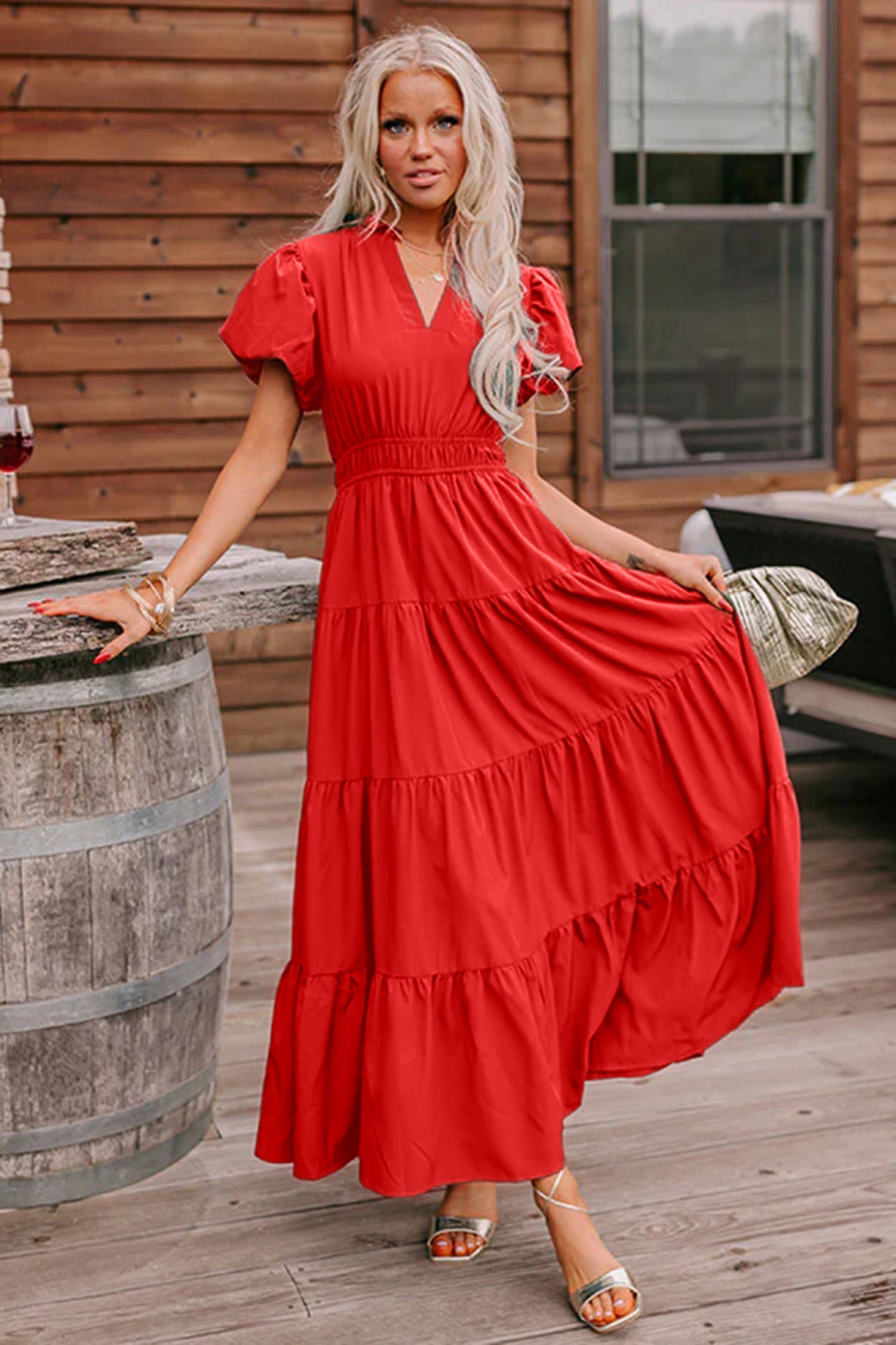Gossamer Pink Solid Color V Neck Short Puff Sleeve High Waist Tiered Maxi Dress