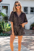 Brown V Neck Collar Leopard Printed 2pcs Short Set Brown 95%Polyester+5%Elastane