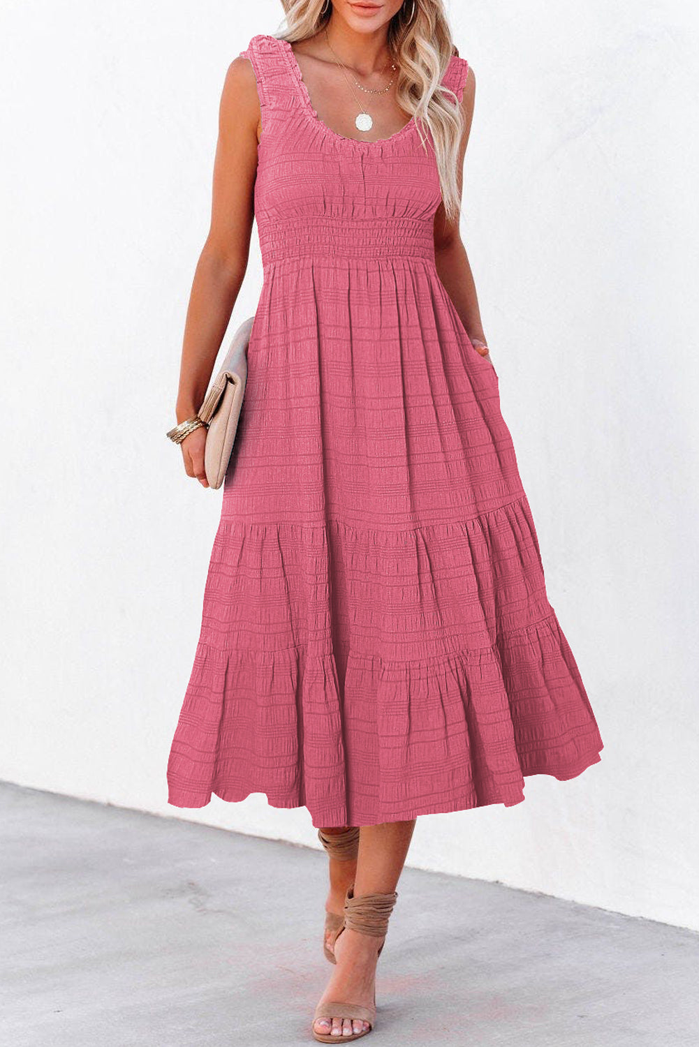Apricot Shirred Pleated Square Neck Sleeveless Midi Dress