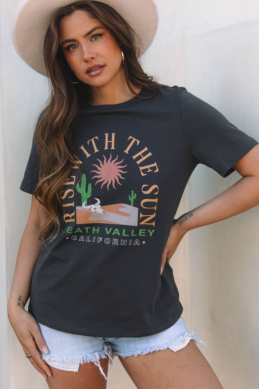 Dark Grey RISE WITH THE SUN Western Fashion Graphic Tee Dark Grey 95%Cotton+5%Elastane