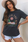 Dark Grey RISE WITH THE SUN Western Fashion Graphic Tee Dark Grey 95%Cotton+5%Elastane