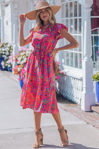 Rose Flutter Sleeve Belted Floral Long Dress Rose 100%Polyester