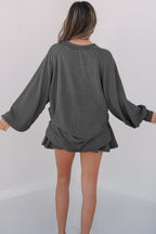 Jet Stream Corded Lantern Sleeve Top High Waist Ruffled Mini Skort Set