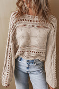 Smoke Gray Hollow-out Cable Knit Cropped Sweater Smoke Gray 60%Cotton+40%Acrylic