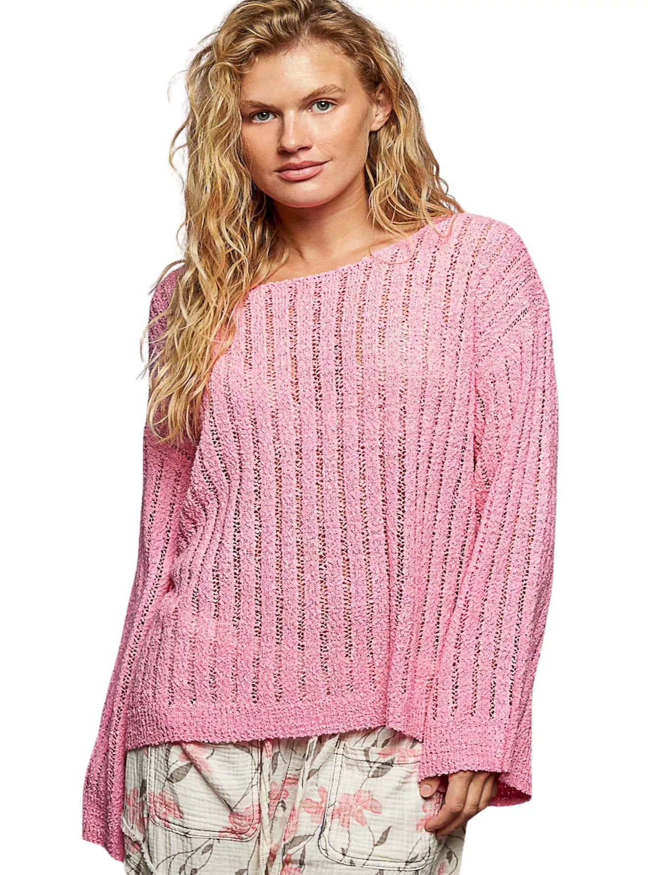 POL Round Neck Long Sleeve Open Weave Sweater BARBIE PINK