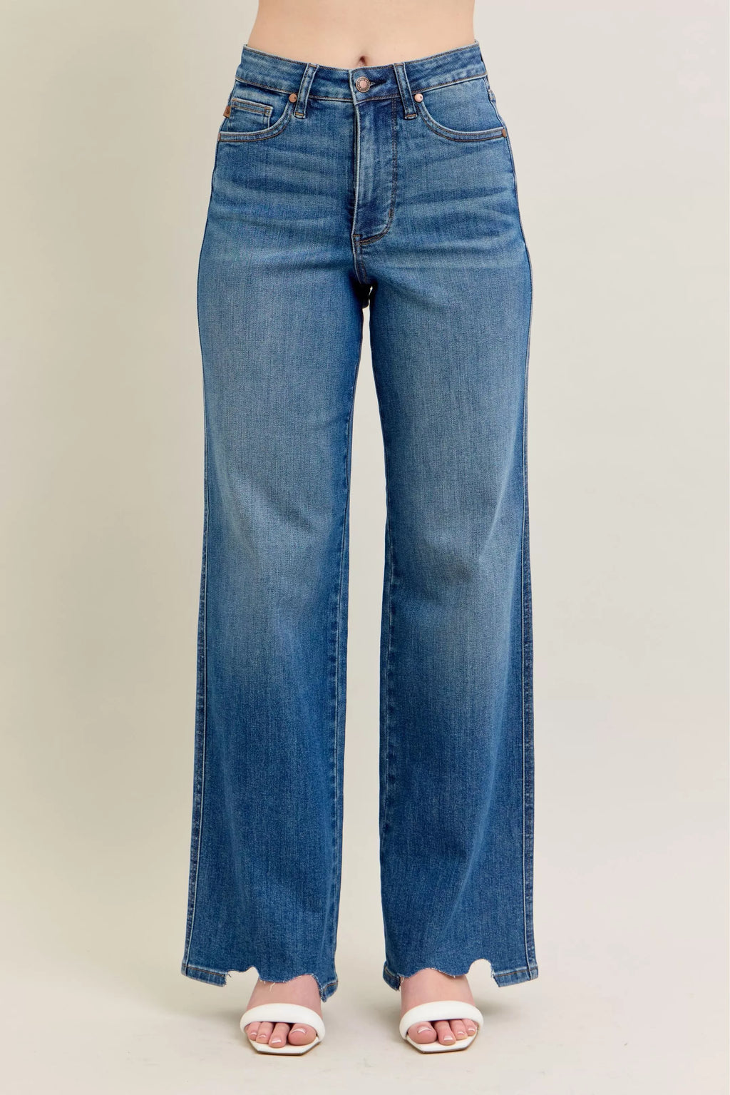 Judy Blue High Waist Tummy Control Chew Hem Destroy Wide Jeans 88932 MD