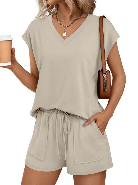 Casual V-Neck T-Shirt and Shorts Set Apricot