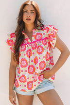 Rose Floral Ruffled Sleeve Ric-rac Trim Split Neck Loose Blouse Rose 100%Polyester