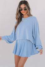 Jet Stream Corded Lantern Sleeve Top High Waist Ruffled Mini Skort Set