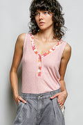 POL Ribbed V-Neck Tank with Contrast Floral Neckband ROSE PINK