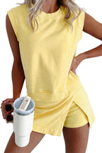 Myosotis 2 Pieces Mineral Wash Cotton Tank Top Lined Split Skort Set
