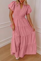 Gossamer Pink Solid Color V Neck Short Puff Sleeve High Waist Tiered Maxi Dress Gossamer Pink 100%Polyester