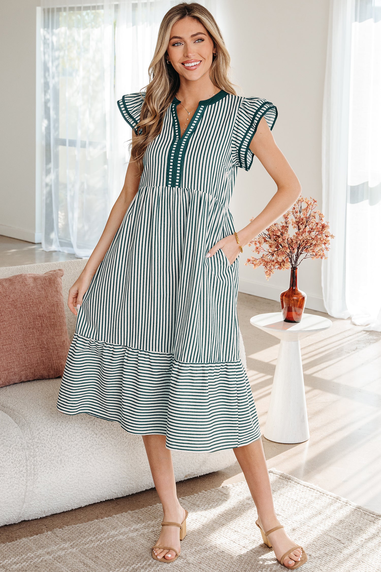 Black Stripe Double Ruffled Short Sleeve Contrast Trim V Neck Midi Dress Green Stripe 60%Polyester+35%Cotton+5%Elastane