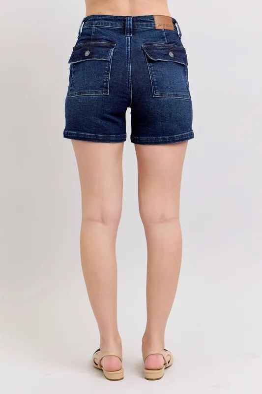 Judy Blue High Waist Back Flap Pocket Dark Wash Denim Shorts