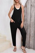 Gold Flame Side Pockets Harem Pants Sleeveless V Neck Jumpsuit Black 75%Polyester+20%Cotton+5%Elastane