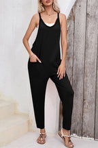 Gold Flame Side Pockets Harem Pants Sleeveless V Neck Jumpsuit Black 75%Polyester+20%Cotton+5%Elastane