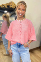 Beau Blue 3/4 Sleeve Boxy Knit Button Down Sweater Cardigan