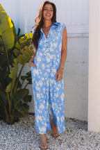 Myosotis Floral Print Half Button Wide Leg Relaxed Sleeveless Jumpsuit Myosotis 95%Polyester+5%Elastane