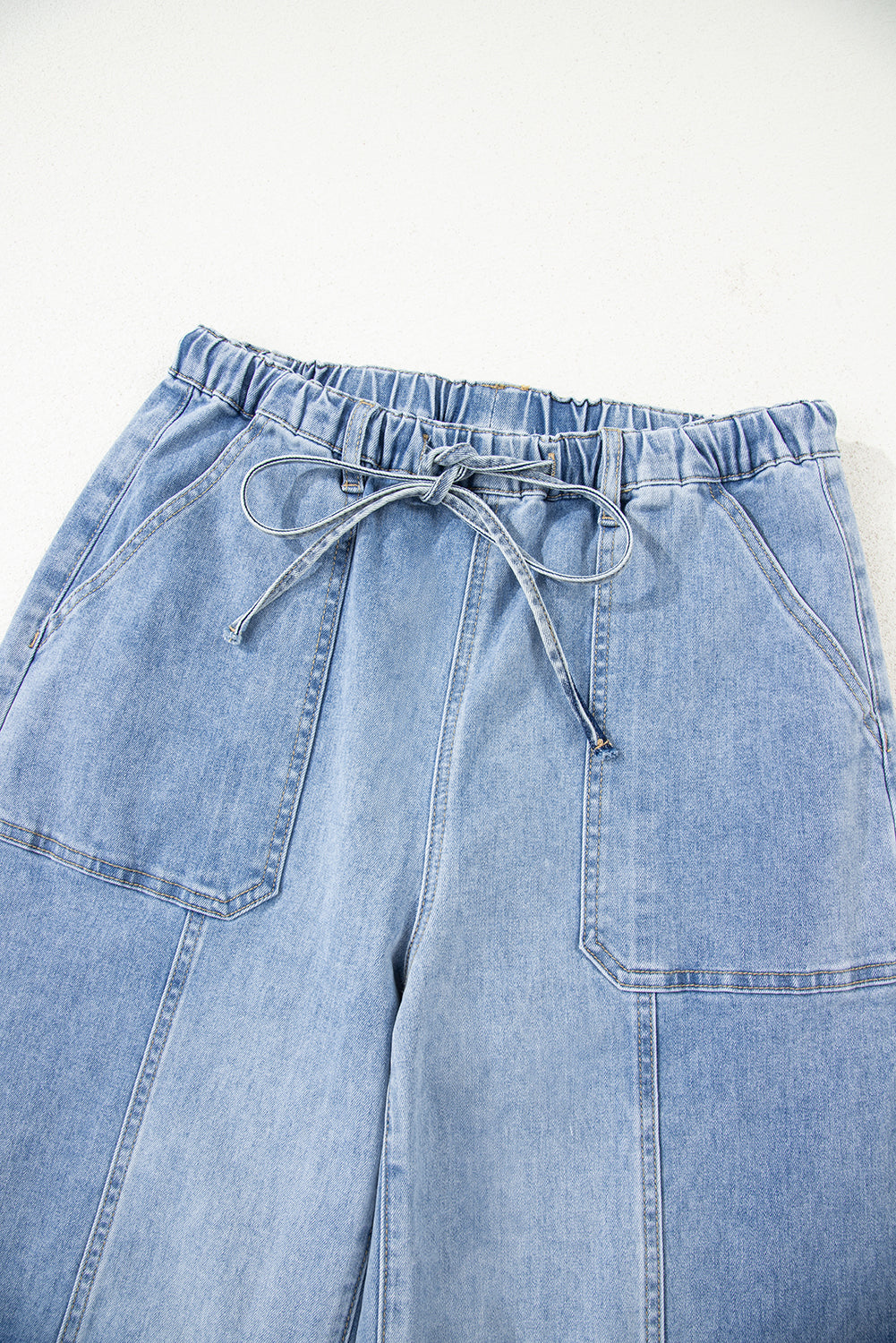 Gray Drawstring Seam Detail Raw Hem Wide Leg Jeans