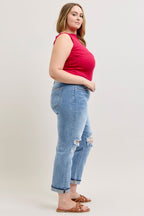 Judy Blue Mid Rise Destroyed Cuffed Boyfriend Denim Jeans 82688