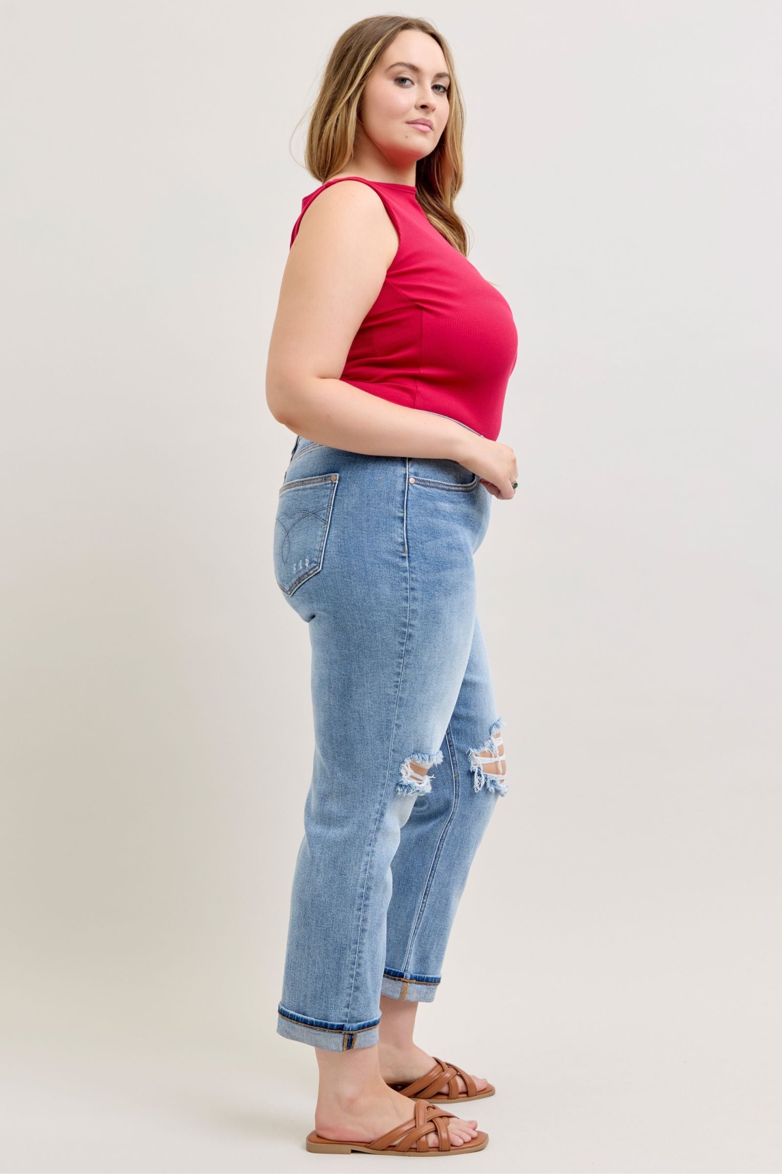 Judy Blue Mid Rise Destroyed Cuffed Boyfriend Denim Jeans 82688