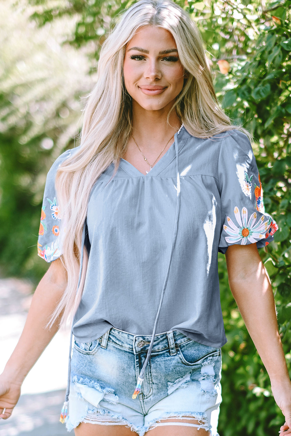 Clearly Aqua Floral Embroidered Puff Sleeve Split Neck Blouse Beau Blue 58%Viscose+37%Polyester+5%Polyamide