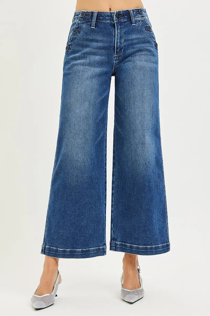 RISEN High Rise Wide Leg Jeans With Pocket Button Detail DARK
