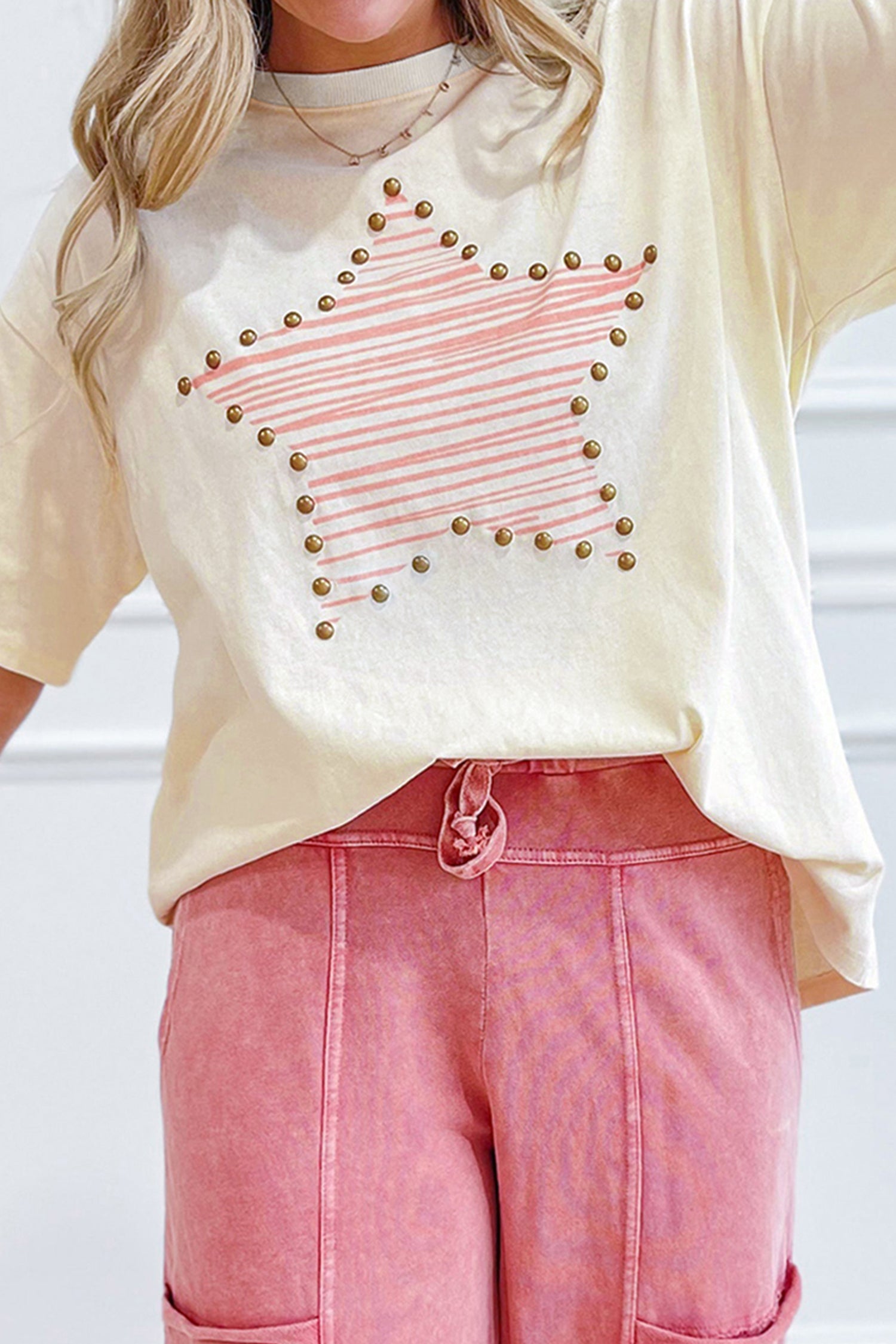 Beige Star Print Stud Detail Cotton Jersey Top Beige 100%Cotton