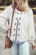 White Geometric Embroidered Long Sleeve Buttoned Blouse White 100%Cotton