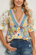 Multicolour Crochet V Neck Half Sleeve Boho Floral Blouse Multicolour 100%Polyester
