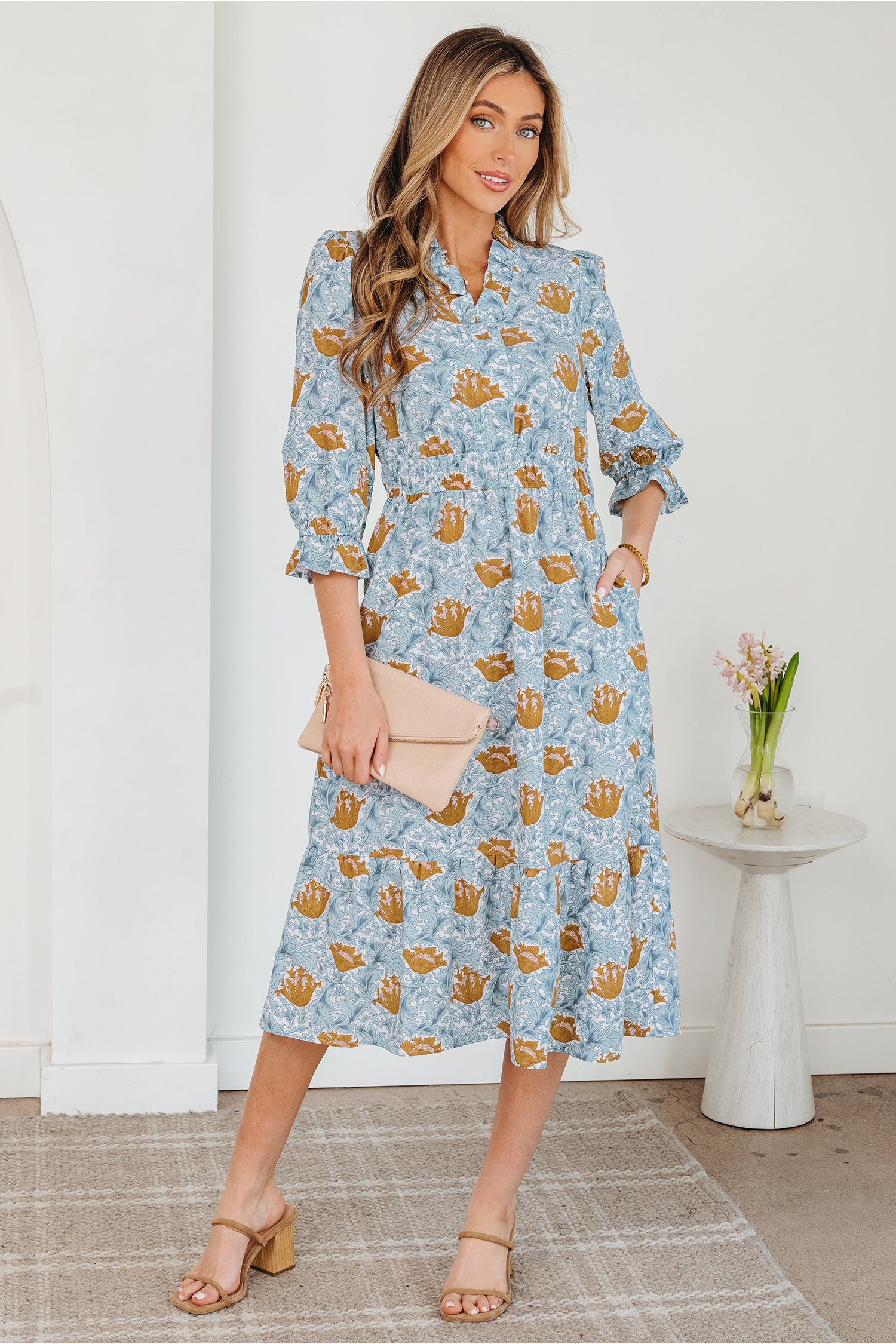Sky Blue Floral Printed Frilled V Neck Bracelet Sleeve Long Dress Brown 55%Cotton+45%Viscose