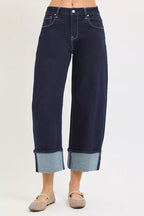 RISEN Slouchy Crop Barrel Cuffed Hem Jeans PGC21709 - SOLID DARK