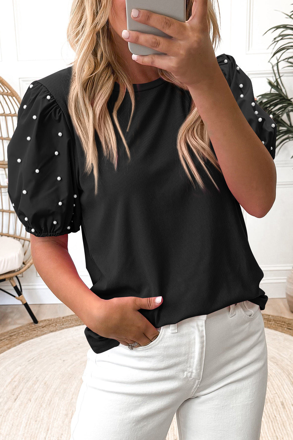 Black Ribbed Pearl Beaded Puff Sleeve Top Black 93%Viscose+7%Elastane