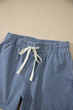 Sky Blue Stripe Drawstring Elastic Waist Casual Denim Shorts