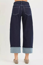 RISEN Slouchy Crop Barrel Cuffed Hem Jeans PGC21709 - SOLID DARK