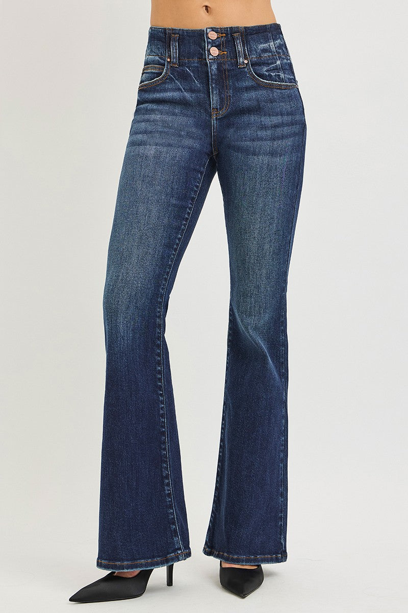 RISEN High Rise Flare Jeans With Seam Detail Waistband DARK