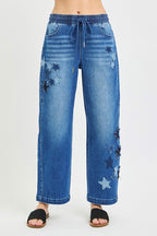 RISEN Elastic Band Slouchy Cropped Barrel with Star Patch DARK