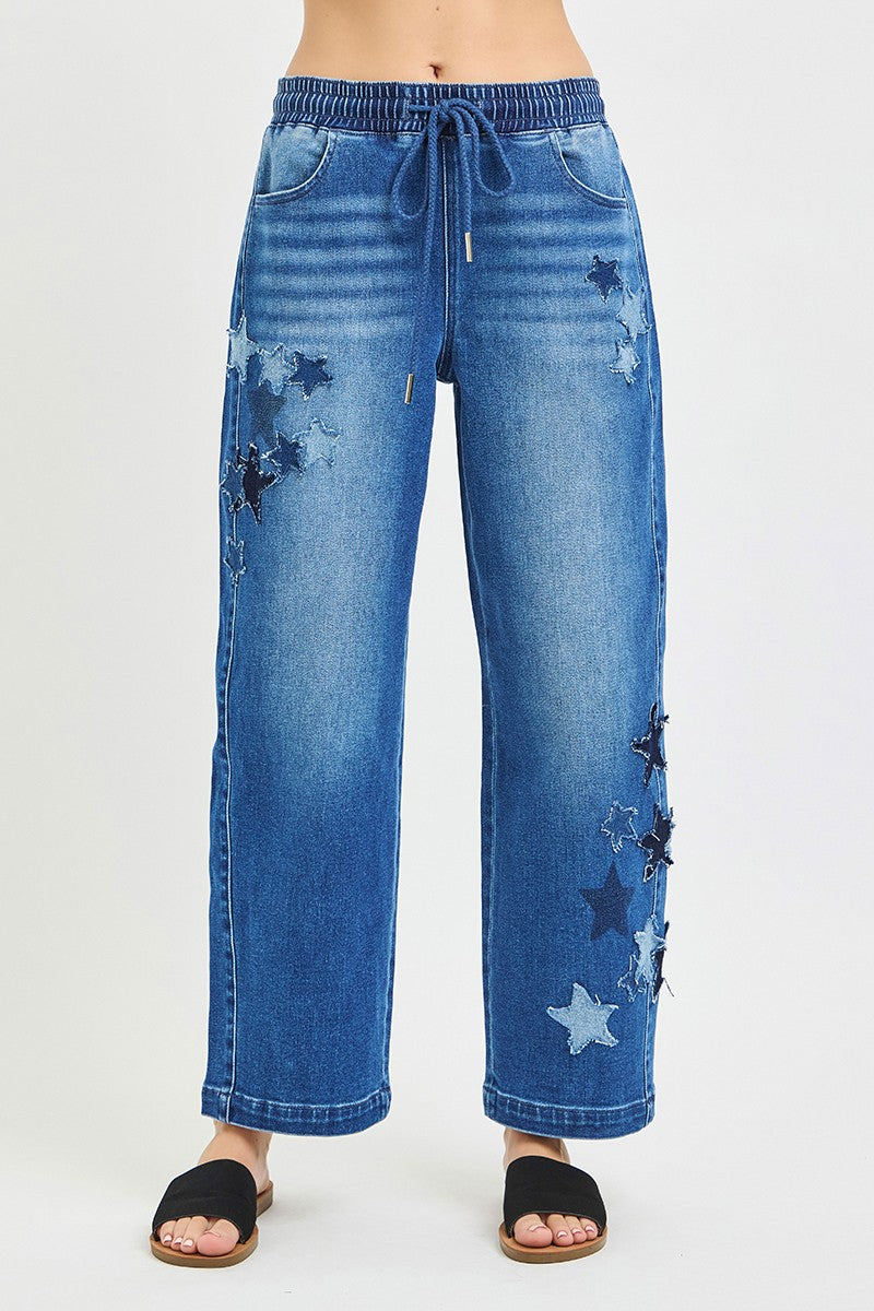 RISEN Elastic Band Slouchy Cropped Barrel with Star Patch DARK