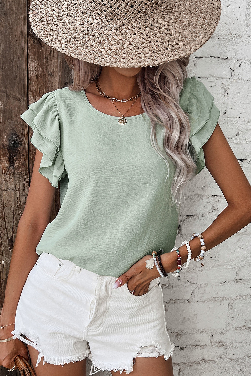 Clearly Aqua Solid Color Ruffled Short Sleeve Casual Blouse Clearly Aqua 100%Polyester